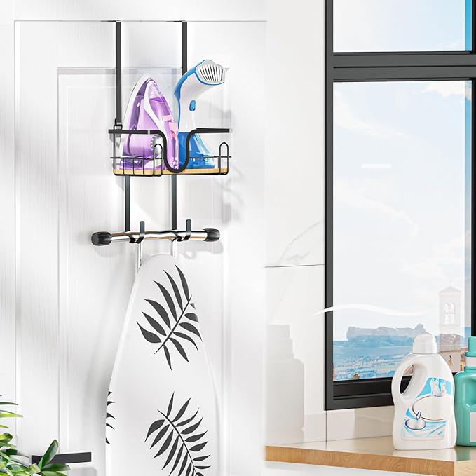 Ironing Board Holder Wall Mount, Ironing Board Hanger, Over The Door Iron Boards Holder for Laundry Room Organization, Iron and Ironing Boards Caddy, Black Irons Hanger with Storage Basket(T&V Shaped)