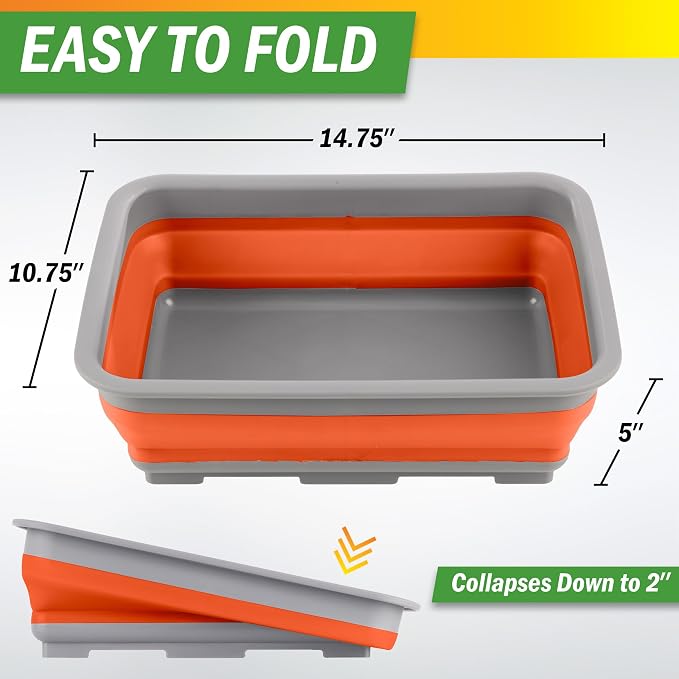 Collapsible Bucket for Cleaning - 7.27L Foldable Wash Bin Dish Tub - Collapsible Wash Basin or Camping Sink for Beach, Tailgating, or Soaking Laundry - Cleaning Supplies by Wakeman (Orange)