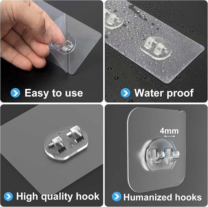4 Pack Shower Caddy Adhesive Replacement, Strong Adhesive Hooks for Shelf, Waterproof Shower Adhesive Strips, No Drilling, for Bathroom Storage Shelves and Kitchen Racks