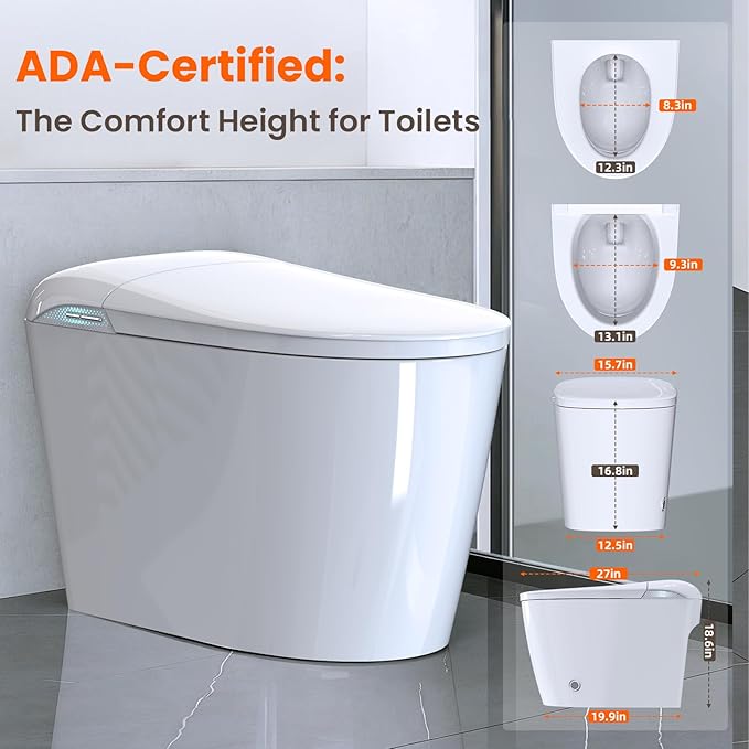 Smart Toilet with Tank, No Water Pressure Limit, Automatic Lid Open/Close, Foot Sensor Bidet Toilet, Built-in Fragrance, Warm Air Dryer, ADA Compliant Height Bidet Toilet for Bathroom