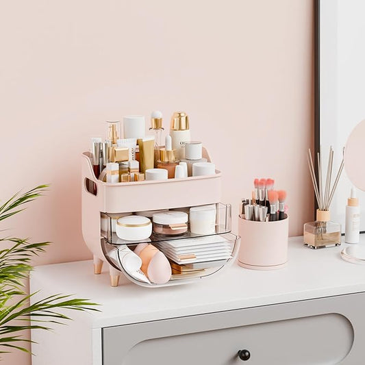 Yieach Countertop Makeup Organizers with Drawers,Handle and Make up Brush Holder,Large Makeup Skincare Organizer for Bathroom Vanity,Cosmetic Display Cases for Hair Tool,Lotion,Skin Care Storage,Pink