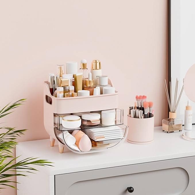 Yieach Countertop Makeup Organizers with Drawers and Handle,Large Cosmetic Organizer for Bathroom Vanity and Dressing,Pink Cosmetic Display Cases for Hair Tool,Beauty Products,Skin Care Organizer