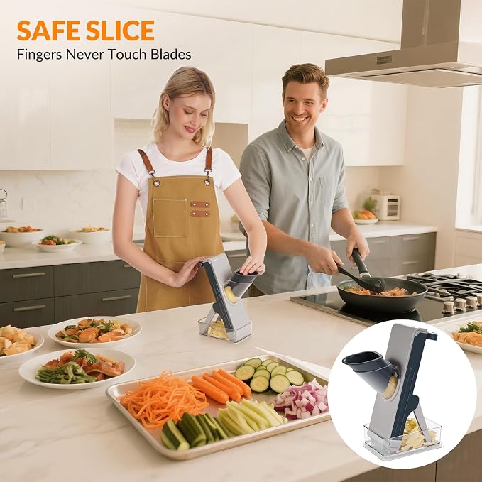 FEICO Safe Mandoline Slicer for Kitchen, Vegetable Slicer with Container, French Fry Cutter, All in 1 Julienne Slicer for Potato, Thickness Adjustable, Detachable Blade, Dishwasher Safe,blue