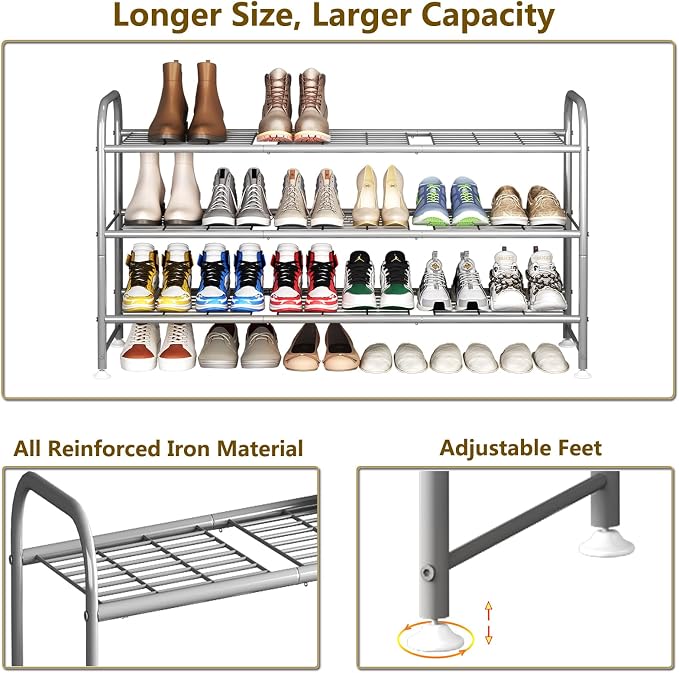 LINZINAR 3 Tier Long Shoe Rack for Closet Metal Shoe Organizer for Entryway | Spacious design stores 20+ pairs of shoes,durable metal frame,space-saving organizer for closet, hallway, and Entryway Grey
