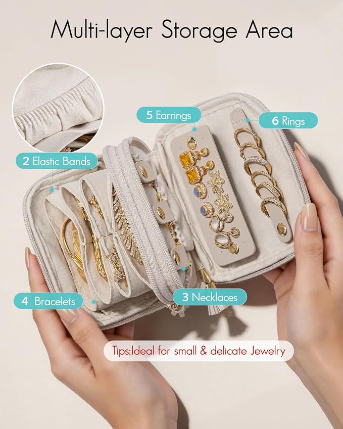 VLANDO Jewelry Travel Case with 2 Layers for Necklaces,Rings,Earrings | PU Leather Organizer with Divided Sections,Velvet Lining,Gift for Bride,Bridesmaid,Women,Girls,Cream White