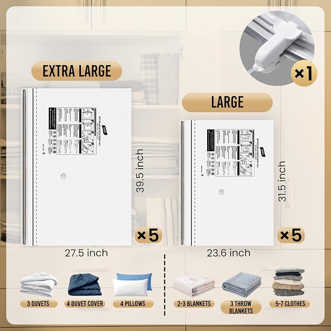 TAILI 10 Pack Vacuum Storage Bags, 2 Size Combo(5 Large+5 Jumbo), LONG SIDE ZIP Vacuum Seal Bags for Clothing, Space Saver for Beddings, Comforters, Blankets, Pillows