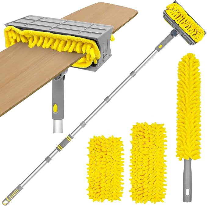 TidyBliss 77” Ceiling Fan Blades Cleaner Duster with Extension Pole, Extendable Flexible Dust Cleaning Brush, Reusable Chenille Mop for Baseboard Wall Floor Blinds Cobweb