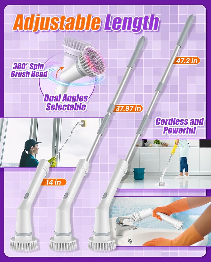5-Head Electric Spin Scrubber, Shower Brush, Extension Handle | cordless power scrubber, adjustable reach, two speed control, IPX7 waterproof, bathroom floor, tile grout, tub edges, shower