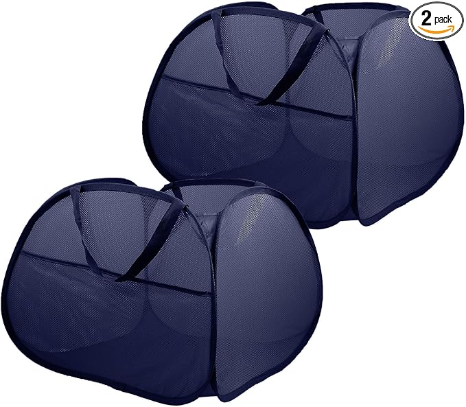 2 Pack Collapsible Foldable Laundry Baskets, 90L Large Durable Mesh Pop Up Hampers for Bedroom, Bathroom, Dorm, Laundry Room, Travel - Navy
