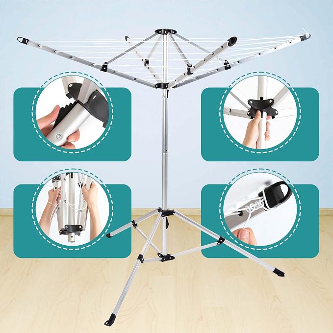 JS Clothes Drying Rack, 65ft Clothesline Freestanding by 4 Legs Collapsible Laundry Rack for Indoor & Outdoor Use, Space-Saving Drying Rack for Bedding & Clothing