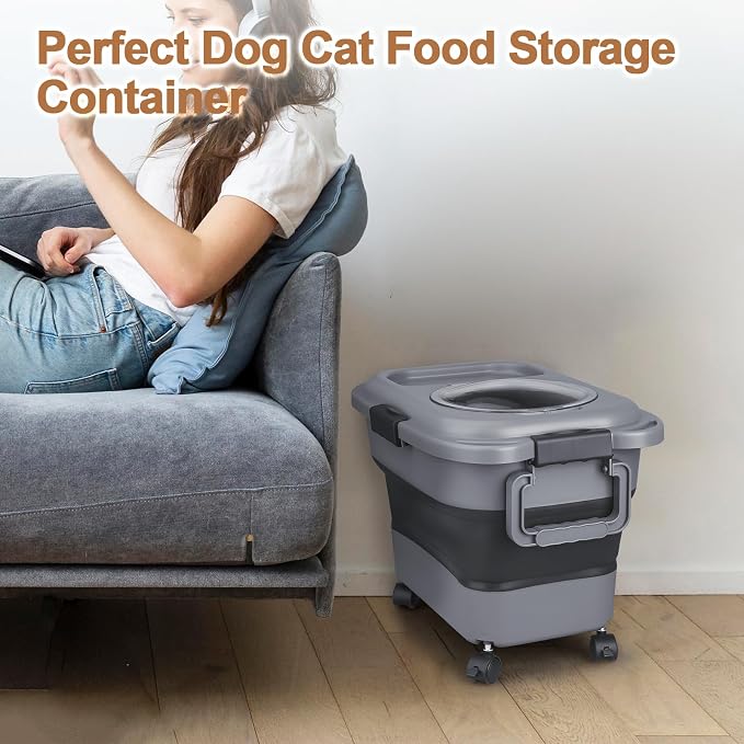Dog Food Storage Container，23-25 lbs Airtight Collapsible Cat Food Storage Container with Attachable Wheels, Portable Handle, Dog Food Scoop for Dog Cat Bird Pet Dry Food Storage Bin Dark Grey