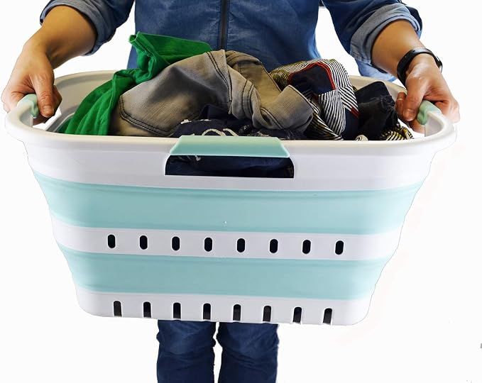 SAMMART Set of 2-30L (8 gallon) Collapsible Plastic Laundry Basket - Foldable Pop Up Storage Container/Organizer - Space Saving Hamper/Basket (2, White/Lake Green)