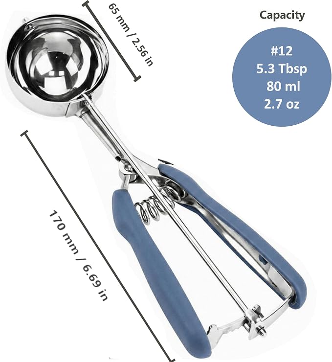 Ice Cream Scoop, 18/8 Stainless Steel Cookie Scoop, 5.3Tbsp/80ml/2.7oz Cookie Dough Scoop, Ice Cream Scooper with Trigger Release, Large Cookie Scooper (#12 Midnight Blue)