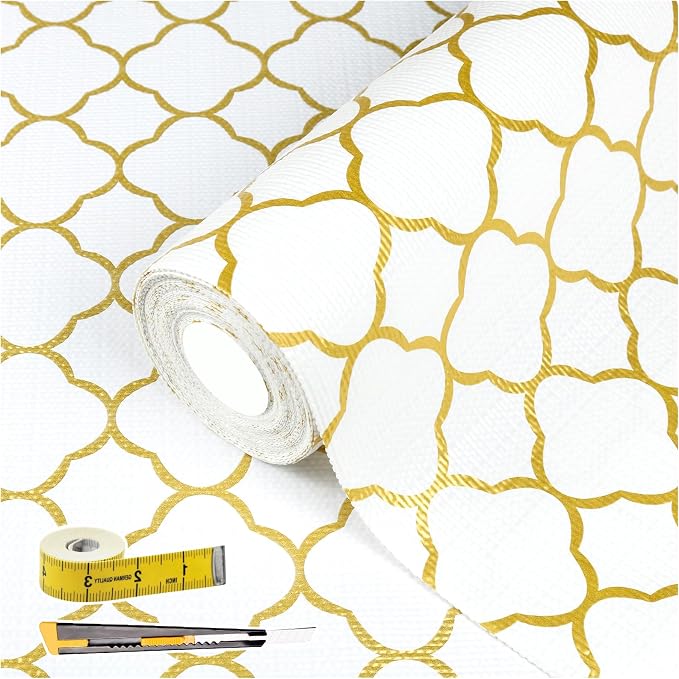 Shelf Drawer Liners for Kitchen Cabinets 12 in X 20 Ft Drawer Liner | Non Adhesive Thickened Refrigerator Liner Gold Quatrefoil Strong Non-Slip Paper for Tool Box with Knife and Tape Measure