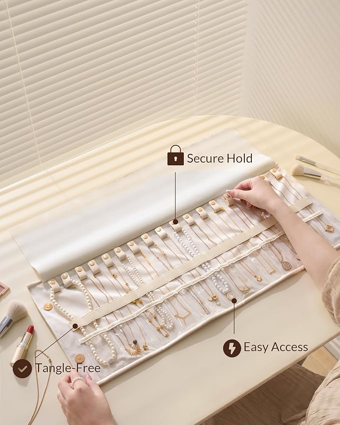 Lolalet Travel Necklace Organizer, Foldable Jewelry Case, Beige, 18 Slots | Tangle-Free, Roll Up, PU Outer, Velvet Lining, Space-Saving, for Chains Bracelets, Gift for Women Girls Daughters Friends