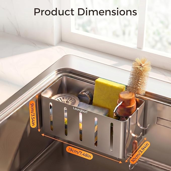 Kitchen Sink Sponge Holder – Adhesive No-Drill Sink Caddy – Laungborf – Rustproof Carbon Steel, Fast Drainage Holes, 2 Hooks & 4 Pads – Square for Flat Wall or Wide Ledge (Gray)
