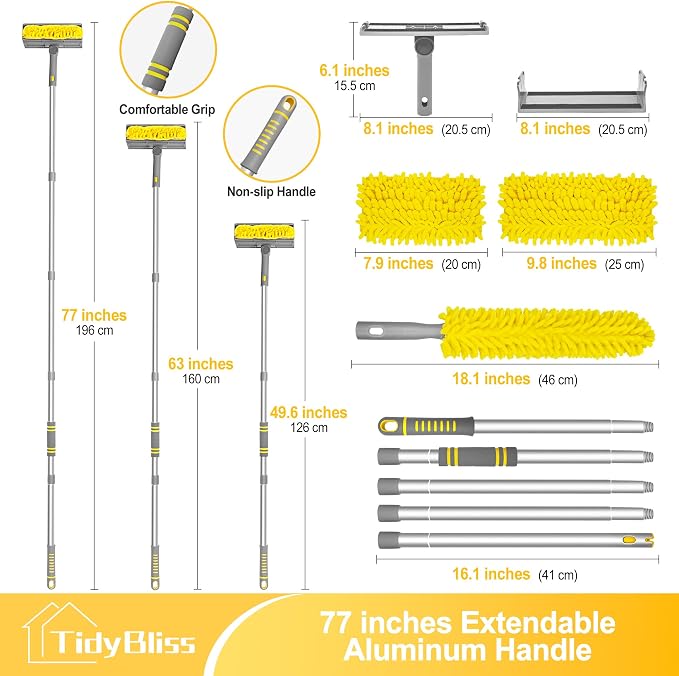 TidyBliss 77” Ceiling Fan Blades Cleaner Duster with Extension Pole, Extendable Flexible Dust Cleaning Brush, Reusable Chenille Mop for Baseboard Wall Floor Blinds Cobweb