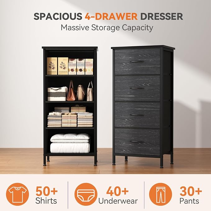 Sweetcrispy Dresser for Bedroom, 4 Drawer Storage Cabinet, Tall Nightstand | Small Fabric Dresser for Closet, Chest of Drawers, Closet Organizer, Home Furniture, Sturdy Frame, Black Wood Grain