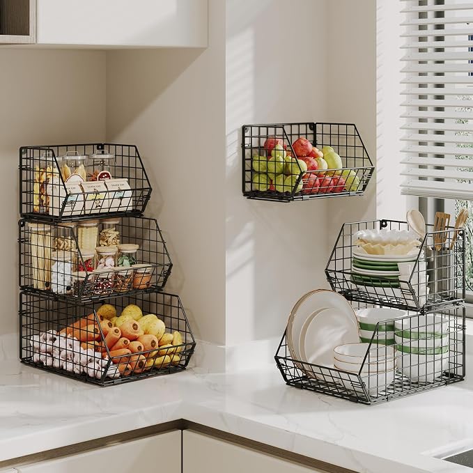 2-Tier Potato and Onion Storage Bin, Stackable Wire Baskets for Countertop | Large Fruit and Vegetable Storage, Wall-Mount Kitchen Pantry Organizer with Ventilated Mesh to Keep Produce Fresh for Cabinet