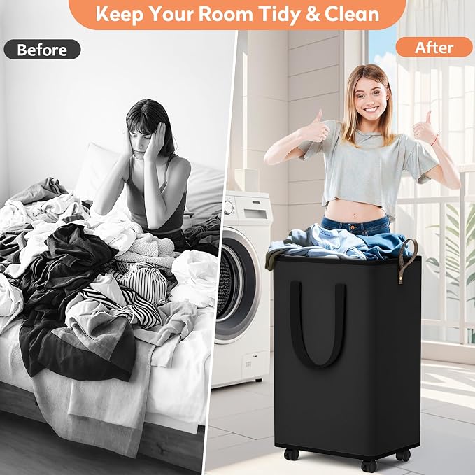 SpaceTrove Rolling Laundry Basket with Wheels, Laundry Hamper, 80L, Black | Collapsible, 4 detachable wheels including 2 with brakes, sturdy handle, metal frame, for dorms, bathrooms and bedrooms