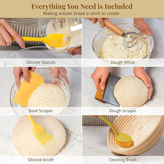 BAVIFY Sourdough Starter Kit, Banneton Bread Proofing Baskets Set, Sourdough Bread Baking Supplies Making Tools with Dough Scraper, Whisk, Bread Lame, Recipe, 2 Oval Gift Set