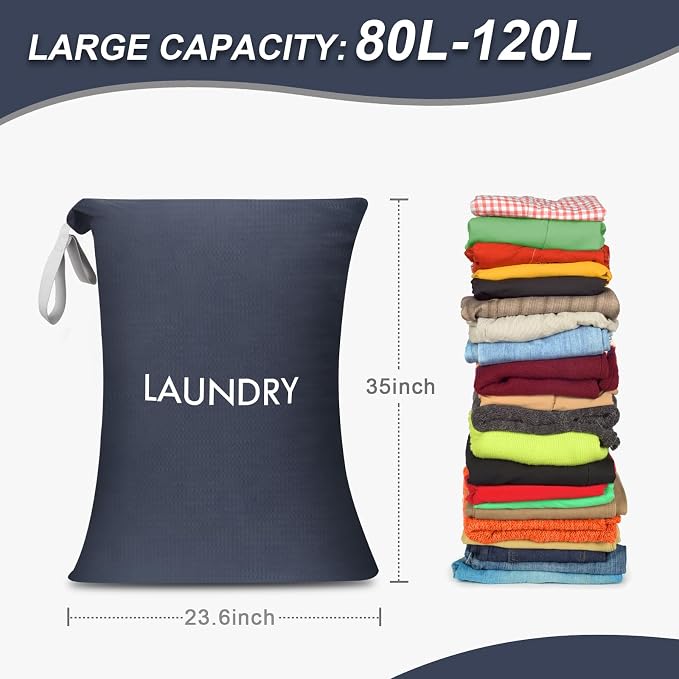 Wiseboy 120L Extra Large Travel Laundry Bag with Heavy-Duty Zipper, Navy | Water-Resistant Nylon Dirty Clothes Organizer for College Dorm, Camping, Tear-Resistant Storage Bag for Laundry Mat & Moving