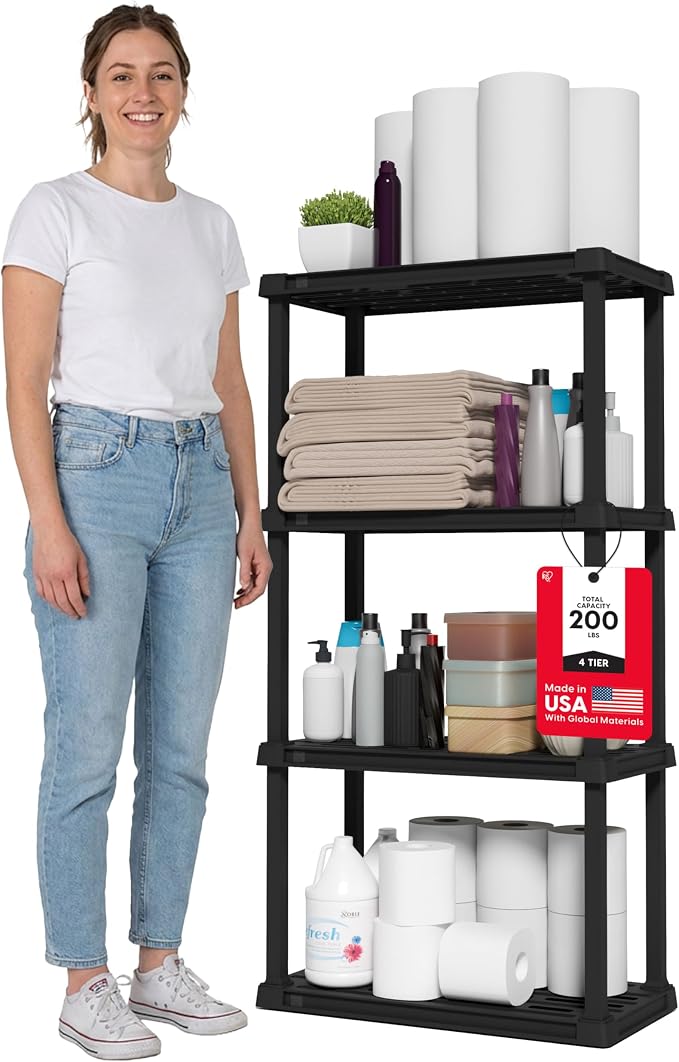 IRIS USA Plastic Storage Shelves |Made in USA| 48"H x 24"W x 12"D - Black | Light Duty Rack Organizer, 200lb Total Capacity, 50lb Per Shelf, Shelving Unit for Bathroom, Laundry, Home & Pantry