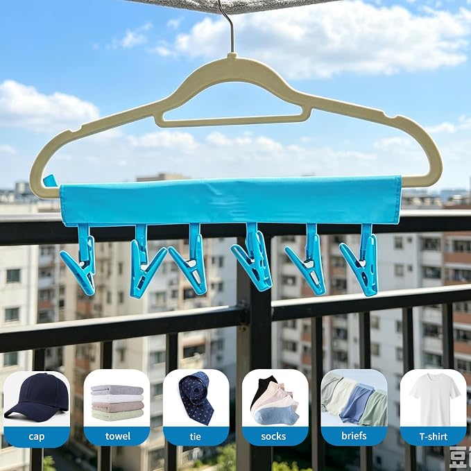 Mini Clothespins Travel Hangers 3-Pack Solid Blue, Foldable Portable Clothes Hangers with 6 Non-Slip Clips for Socks Swimsuit Towel Drying Rack, Cruise Dorm Camping Travel Essentials