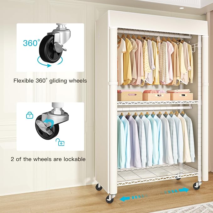 FUTASSI White Clothing Rack with Beige Cover, P1C Rolling Closets with Wheels, Metal Garment Rack for Hanging Clothes, Clothing Storage Wardrobe, 36.2" W x 16.5" D x 80.5" H, Load 450 Pounds