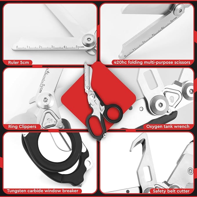 Heavy Duty 6 in 1 Multipurpose Emergency Trauma Shears Scissors with Holster, Outdoor Camping Rescue Tools with Glass Breaker, Strap Cutter Stainless Steel Foldable Scissors Pliers