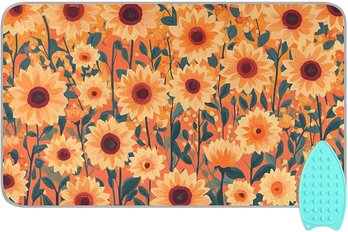 Orange Sunflowers and Poppy Flowers Ironing Mat Portable Ironing Pad Blanket with Silicone Iron Rest for Table Top Travel Heat Resistant Double-Side Using Large 47x28 Inch Foldable