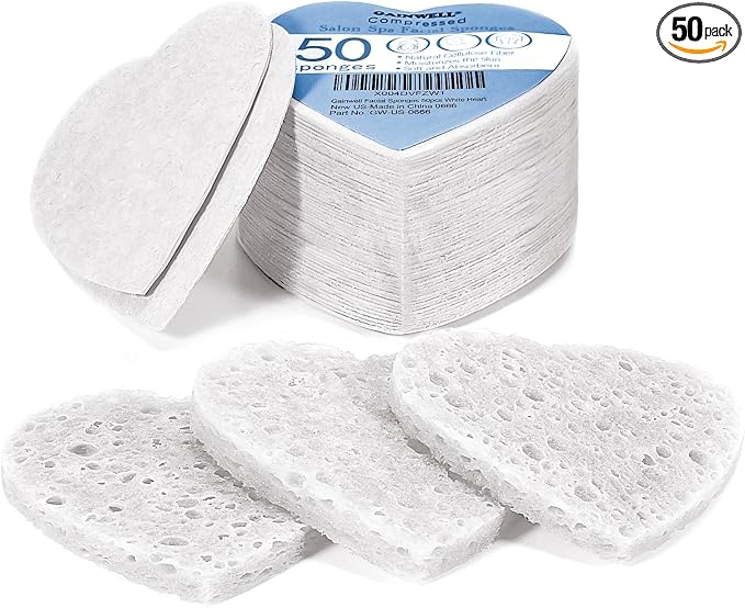 GAINWELL 50-Count Heart Shape Compressed Facial Sponges for Daily Facial Cleansing and Exfoliating, 100％ Natural Cosmetic Spa Sponges for Makeup Remover, White