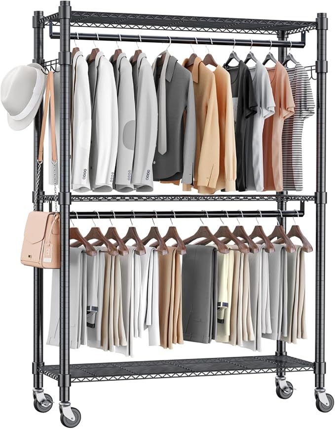 Homdox Rolling Garment Rack with Double Rod, Heavy Duty Clothing Rack with Shelves, Portable Clothes Rack, Free Standing Wardrobe Rack, with Lockable Wheels & Hanging Hooks, Max Load 450 LBS, Black