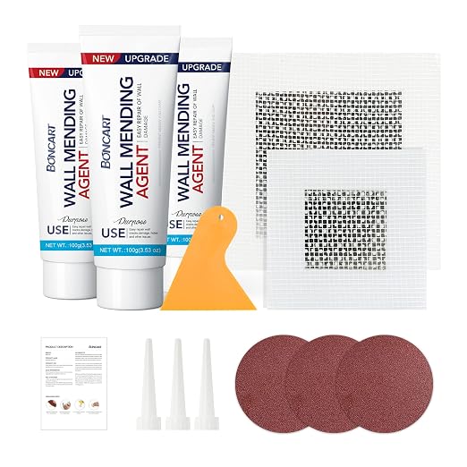 BONCART Spackle Wall Repair Kit, 3-Pack Wall Mending Agent with Tools | Includes Scraper, Sandpaper, And Aluminum Patches. For Cracks And Nail Holes.