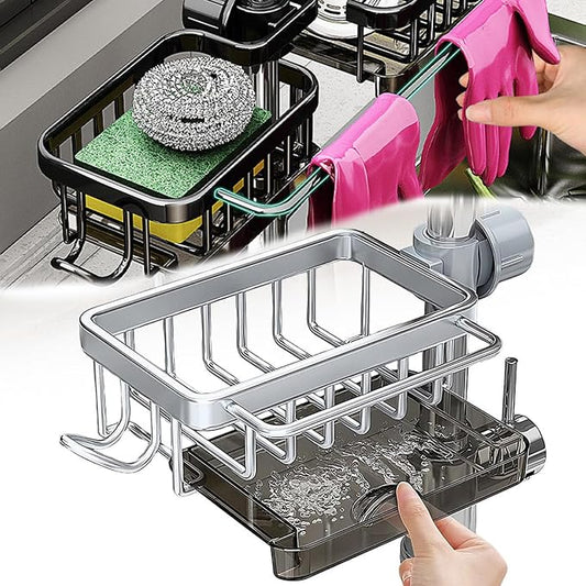 Kitchen Sink Faucet Organizer Multifunction Sponge Holder Organizer Sink Drain Holder Over Faucet Kitchen Sink Caddy with Hook Adjustable for 0.7-1.1inch Round Water Pipe (Silver, S)