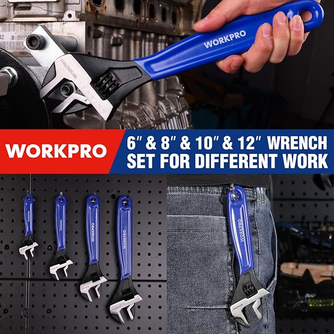 WORKPRO 4 PCS Adjustable Wrench Set, 6", 8", 10" & 12" Wide Jaw Wrenches | Cr-V Steel Wrenches with Black Oxide Finish, Metric & SAE Scales for Home, Garage and Workshop Use