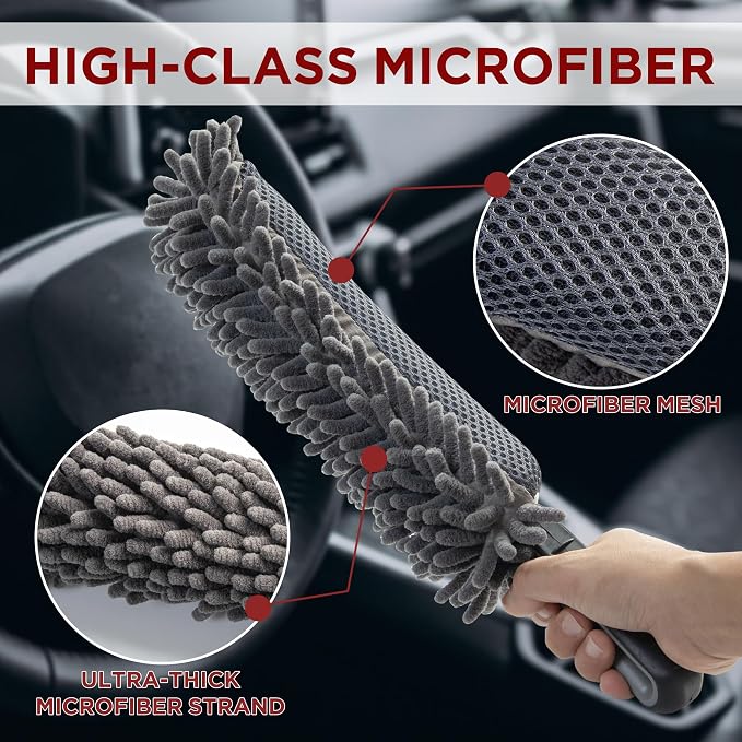 TAKAVU Car Duster Interior, Double-Sided Microfiber, Comfort Handle | Lint & Scratch-Free Cleaning for Trucks, RVs & Vehicles, Includes Microfiber Towel & Storage Bag, Soft