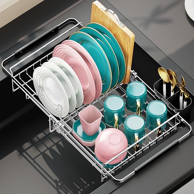 Urackify Expandable Stainless Steel in Sink Dish Drying Rack, Dish Rack Over Sink, Rustproof Dish Drainer for Kitchen Counter, Dish Strainer with Utensil Holder, Fit Sink for 13"-18", Silver