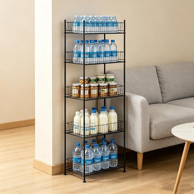 Water Bottle Storage Rack 5 Tier Drink Organizer for Pantry Metal Bottled Water Holder Stand for Floor, Beverage Soda Can Drink Storage Holder for Kitchen, Living Room