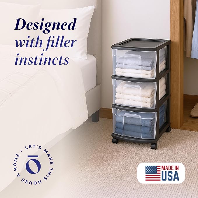 HOMZ Drawer Tower, 3-Tier Storage Cart with Removable Wheels, Black Frame | Plastic Organizer with Clear Bin Drawers for Bedroom, Bathroom, Home Office, and Dorm Rooms