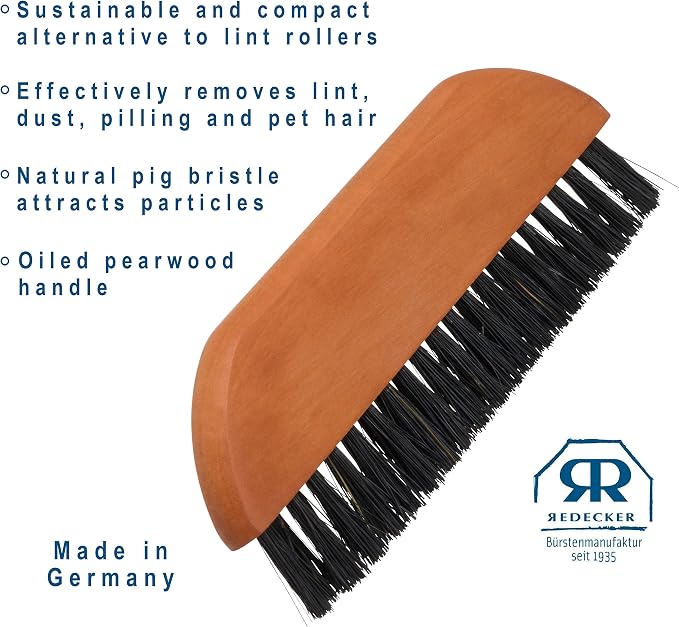 Redecker Natural Pig Bristle Pocket Clothes Brush with Oiled Pearwood Handle, 5-1/2 inches, Versatile Compact Hand Brush Removes Lint, Pilling and Debris from Garments, Made in Germany
