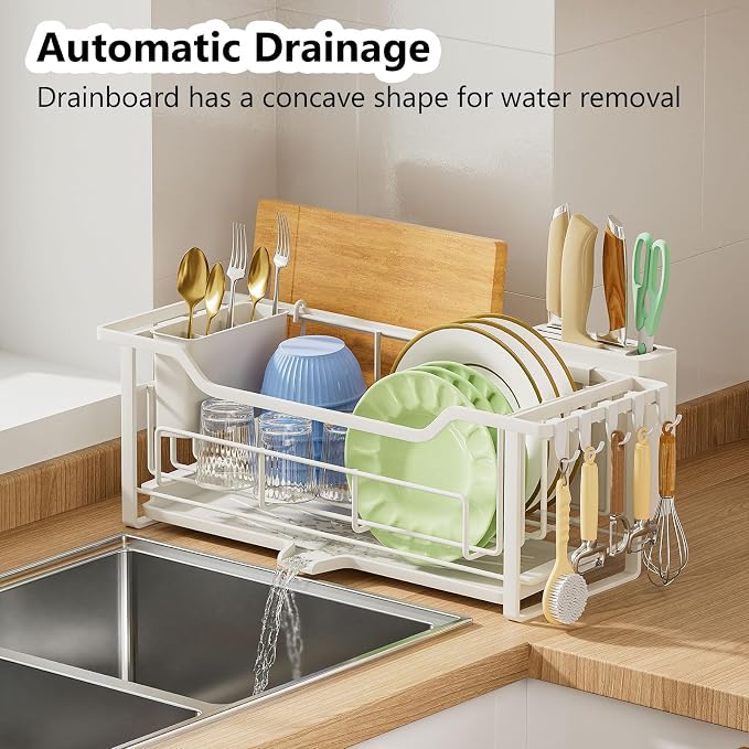 AIDERLY Narrow Dish Drying Rack Dish Drainer, White | Auto Drain, Iron Construction, Removable Cutlery Basket, For Kitchen Counter