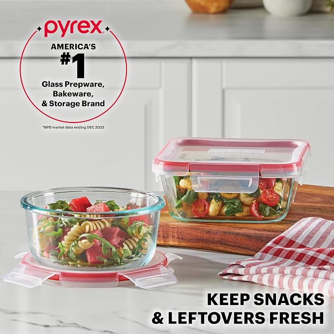 Pyrex Freshlock (7-Pack) Glass Food Storage Containers Set, (1, 2, 4 Cups) Airtight & Leakproof Plastic Locking Lids BPA-Free, Meal Prep Containers Set, Freezer Dishwasher Microwave Safe