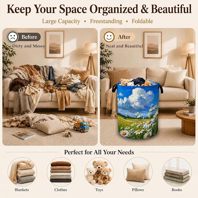 Sunny Daisy Meadow Laundry Basket with Handles, Foldable Tall Oxford Clothes Hamper, Lightweight Water-Resistant Storage Bin for Bedroom Bathroom College Dorm, 16 x 20.8 Inch