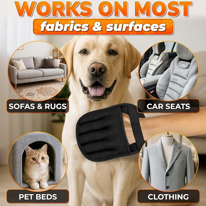 Pet Hair Remover Glove for Cats and Dogs, Reusable, 9.25 x 6.69 in | Grooming Mitt with Five-Finger Fit, Static Lift, Washable Mesh, for Couch, Carpet, Car Seat, Furniture, Bedding, and Clothing