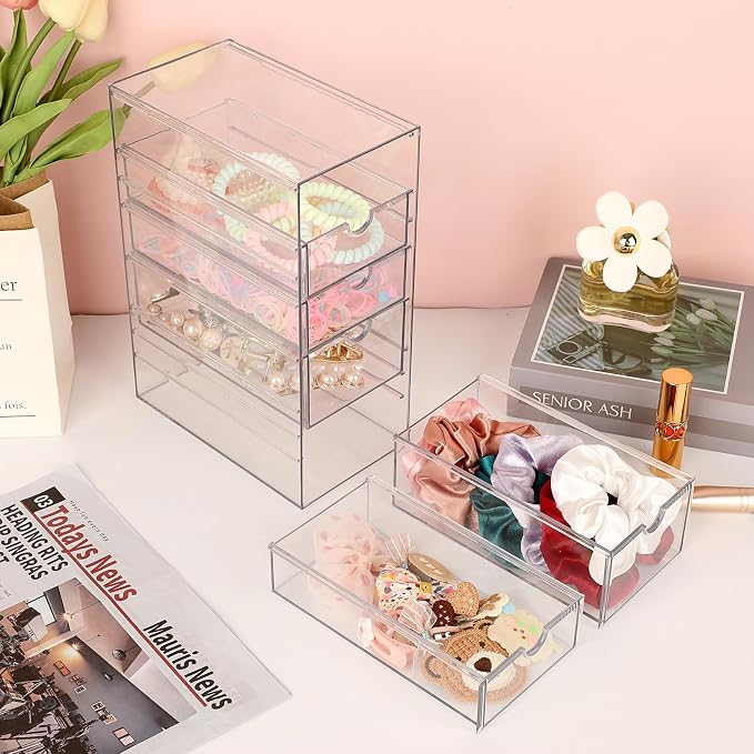 Hipiwe 5-Drawers Plastic Storage Organizer, Clear Hair Accessories Organizer with Large Capacity for Bathroom, Dresser, Cosmetic Hair Tie Container for Girls Women | Large Capacity Drawers Box for Bathroom, Dresser, Cosmetic Hair Tie Container for Women
