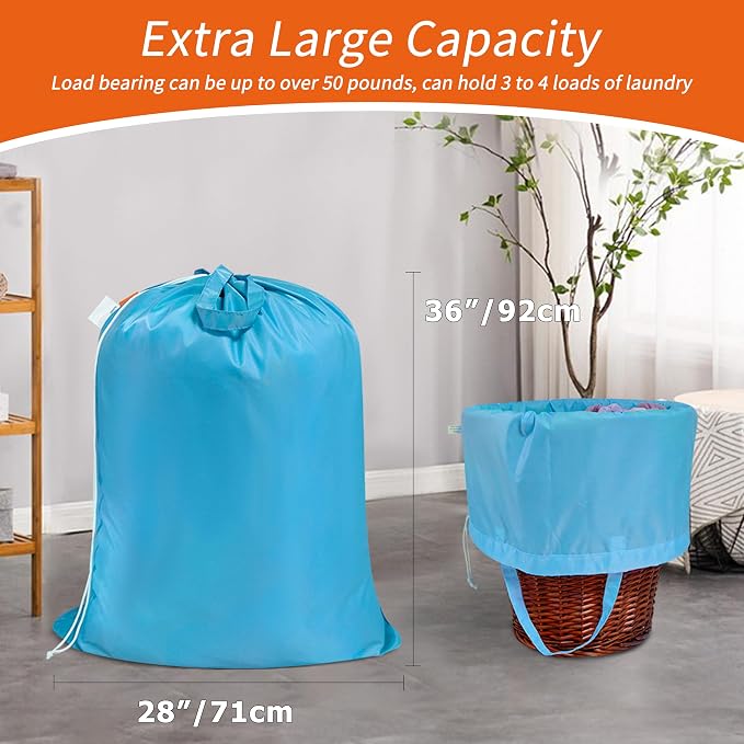 2 Pack Extra Heavy-Duty Laundry Bag with Handle, Gulf Blue, 28x36" | Extra Large, Name ID Tag, Machine Washable, Reinforced Handles, Drawstring Closure, For College Dorm Travel