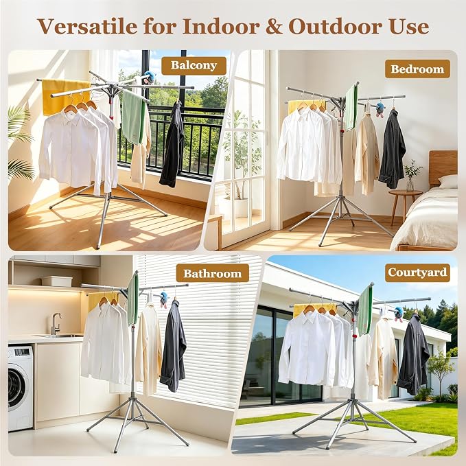 Adjustable Collapsible Umbrella Style Clothes Drying Rack, 4Legs6Telescopic Arms, Space-Saving Freestanding Laundry Airer with Windproof Clips, Easy Setup Indoor Outdoor (Gray-Carbon Steel)
