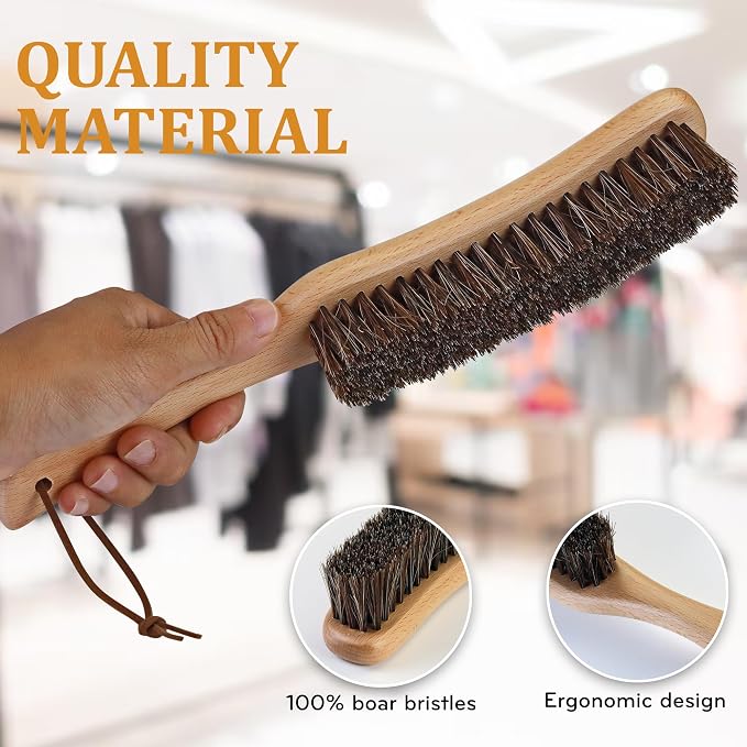 TAKAVU Clothes Brush Pack 2, 100% Black Boar & Horse Hair Bristle, Beech Wood Handle, Lint Remover for Clothes, Suits, Cashmere, Wool, Cotton, Synthetic Fabrics