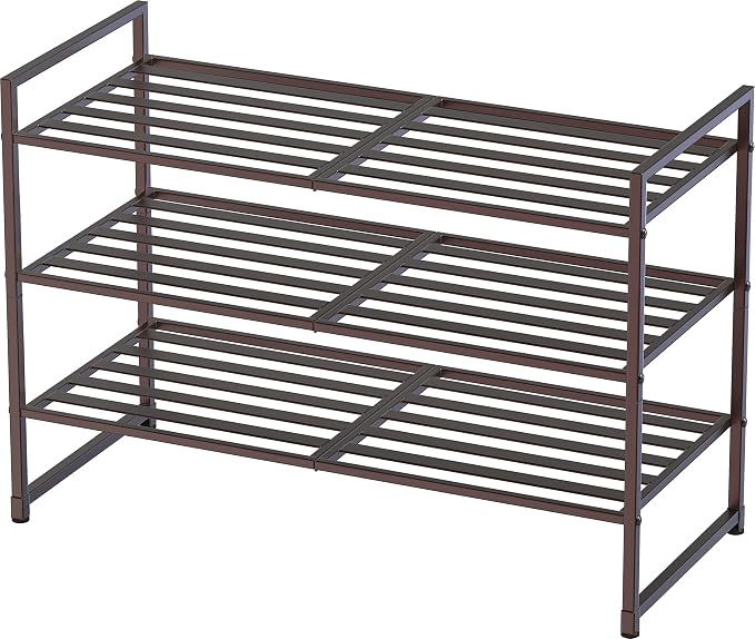 Simple Houseware 3-Tier Stackable Metal Panel Shoe Rack, Bronze | 9 Pairs of Shoes Storage Organizer for Closet, Entryway, Garage & Corridor